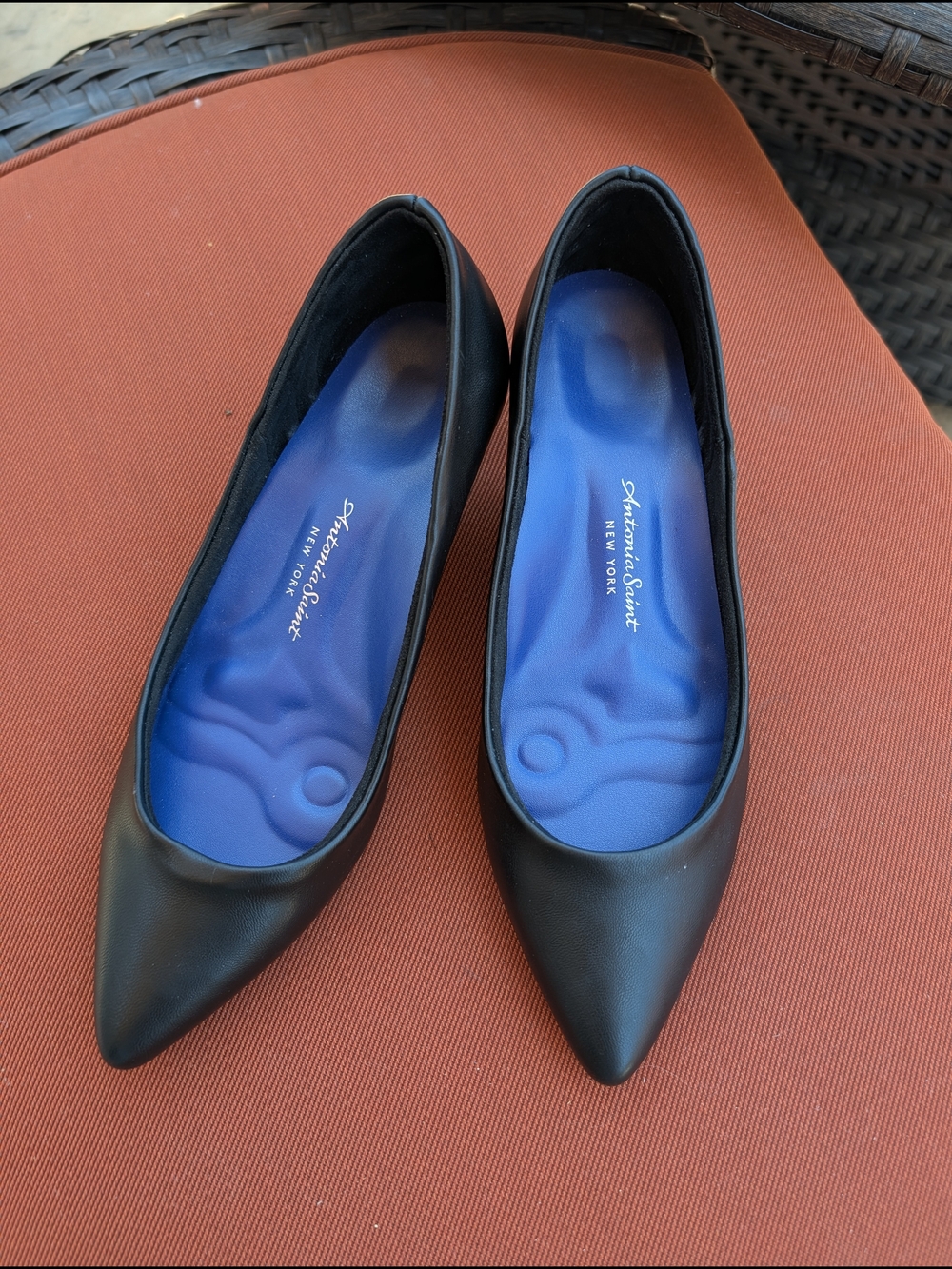Antonia Saint Black Pointed-Toe Ballet Flats with Blue Insole